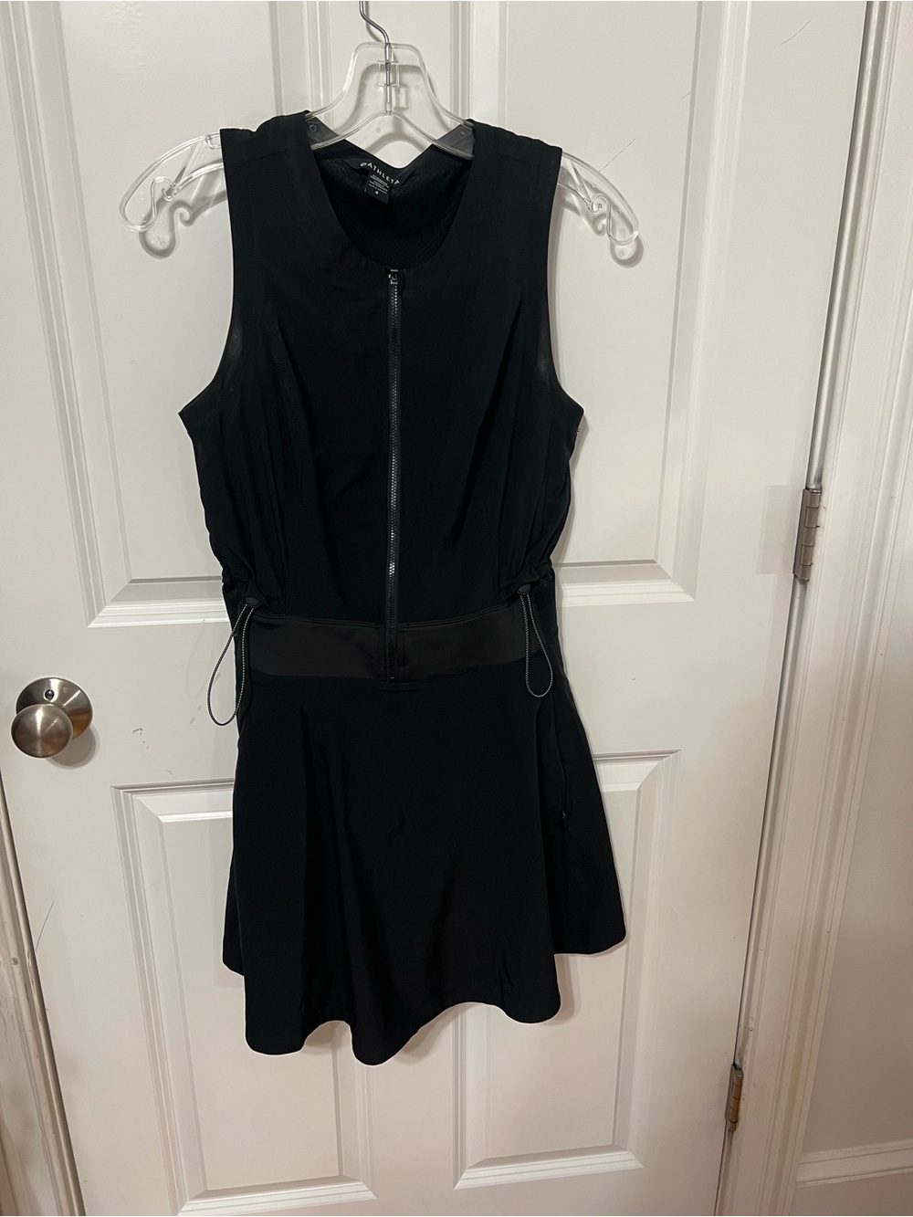 Athleta Black Sleeveless Zip-Front Mini Dress with Drawstring Waist